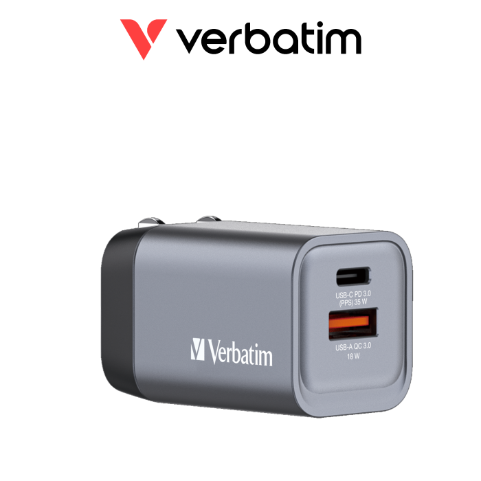 Verbatim 35W 2-Port GaN Wall Charger ( 1 x USB-C&reg; PD 35W / 1 x USB-A QC 3.0 (EU/UK/US)